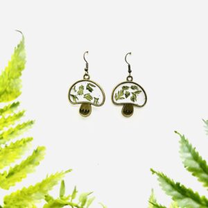 Rustic Mushroom with Green Leaf Earrings