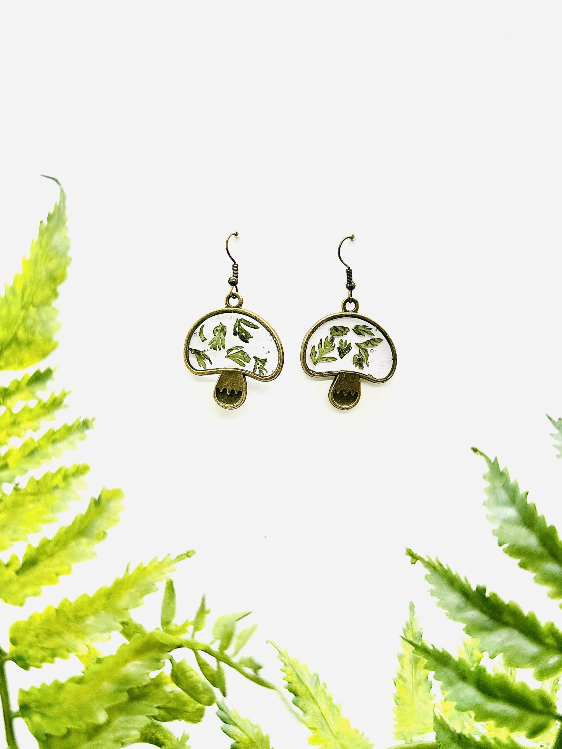 Rustic Mushroom with Green Leaf Earrings
